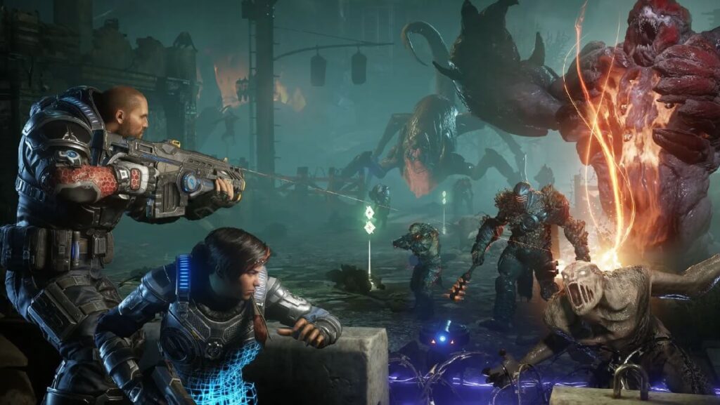 Vários personagens e monstros do jogo Gears 5.